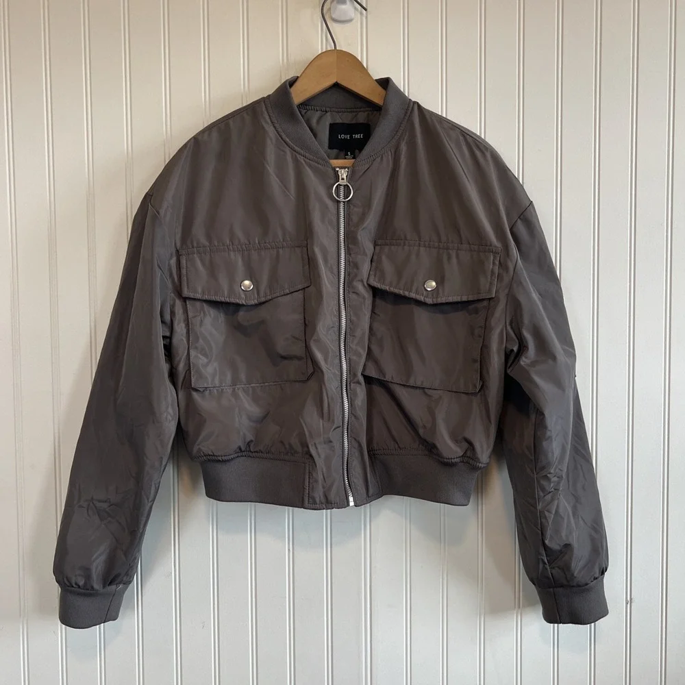 Crop‎ Zipped Bomber Jacket Gray Women's Small Love Tree